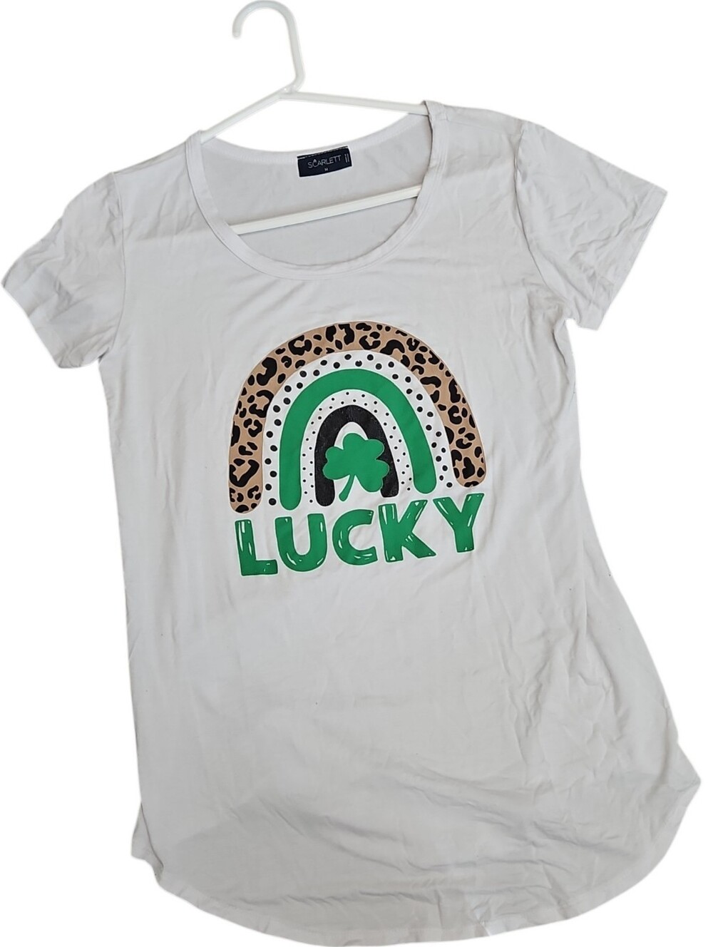 Scarlett White Tee with Green 'Lucky' Rainbow and Leopard Accent